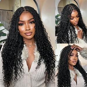 Ashimary Boho Knotless Box 26" Braided Wigs Full Double Lace Braid Wig for Black Women Lace Frontal Human Hair Blended Braided Wig with Boho Curls 360 Lace Front 428