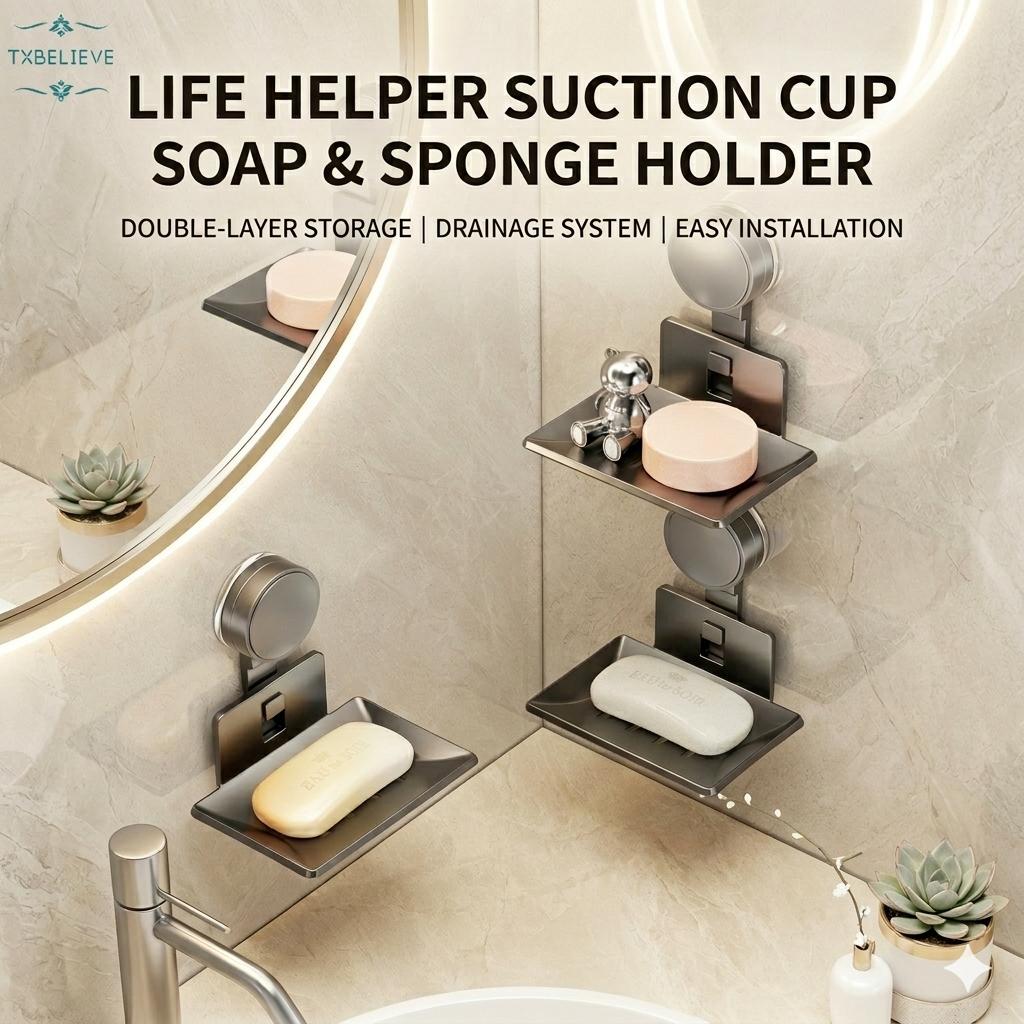 Strong Suction Cup Soap Dish Holders Sturdy Aluminum ABS Wall Mounted Draining Soap Box for Bathroom and Kitchen
