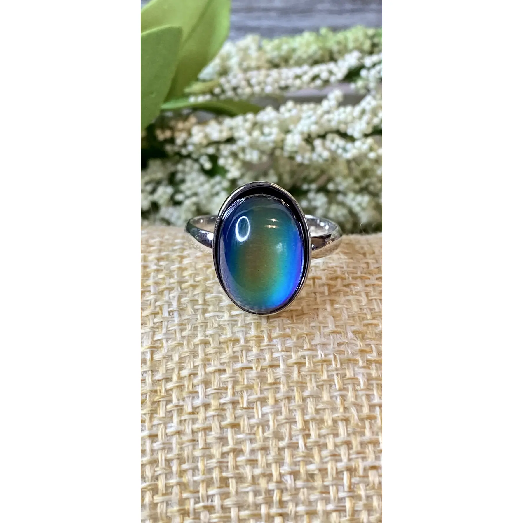 Adjustable Oval Mood Ring with Color Changing Center, Silver Plated Metal, 1/2" X 5/8" Center, Adjustable Ring Size, Blue, Orange, Purple & Green trendy ring