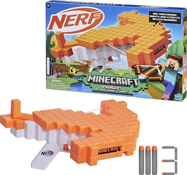 Nerf Minecraft Pillager's Crossbow Dart Blaster Collectible Crossbow Toy - Kids Outdoor Play, 3 Dart Load, Blocky Look, Single Unit Shooter