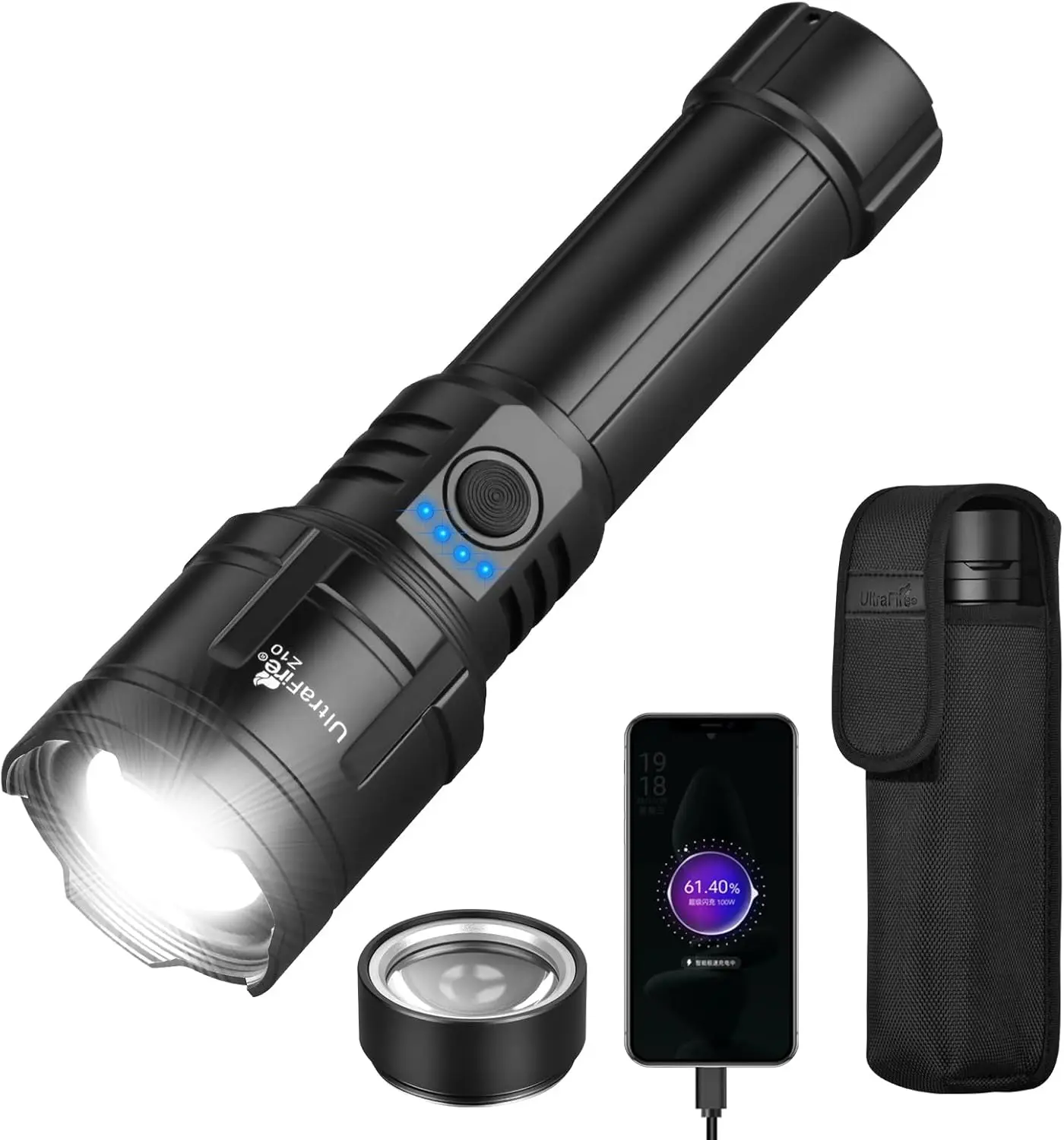 UltraFire Z10 Adjustable Tactical Flashlight - 3-in-1 Ignition, Lighting, Charging, 1500 Lumens High Lumen Powerful Flashlight, Zoomable, 3 Modes, with Holster, Camping Outdoor Emergency Gear, Adjustable Tactical Flashlights