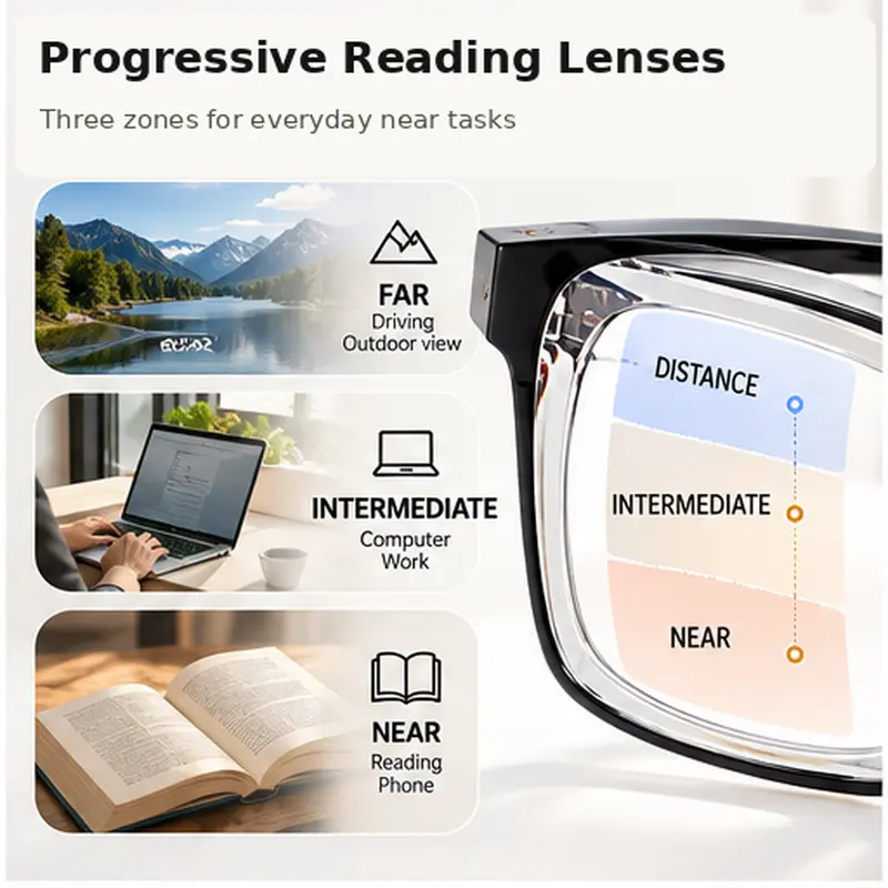 Progressive reading glasses lens design and viewing zones
