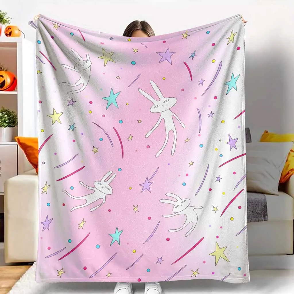 Fuzzy Bunny Blanket, Pink Bunny Stars Cartoon Print Flannel Throw - Soft, Cozy, Lightweight, Warm, Wrinkle Resistant - For Bedroom, Home Decor - Ideal Gift for Friends