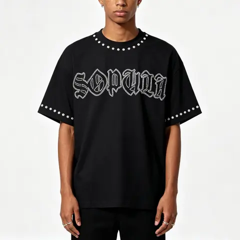Sopula Studio Men's Casual Menswear Round Neck Short-Sleeve Shining Diamond Font Graphic Rhinestone Cotton Streetwear T-shirt