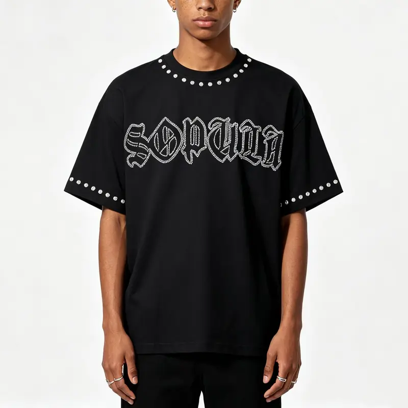 Sopula Studio Men's Casual Menswear Round Neck Short-Sleeve Shining Diamond Font Graphic Rhinestone Cotton Streetwear T-shirt