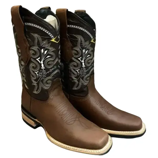 Men's fashion boots Brown Cowhide Cowboy Boots, White Diamond Brand, Slip-On, Leather Upper, Block Heels, Mid-Calf Height