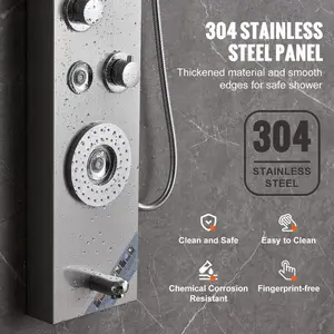 VEVOR Shower Panel System, 6 Shower Modes, LED Display Shower Panel Tower, Rainfall, Waterfall, 4 Body Massage Jets, Tub Spout, Handheld Shower Head 59 Hose, Stainless Steel Wall-Mounted Shower Set