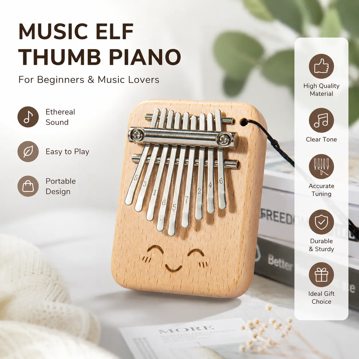 Solid Wood 9-Note Mini Thumb Piano — Wooden 9-Note Finger Piano (Kalimba) — Portable Kalimba for Beginners
