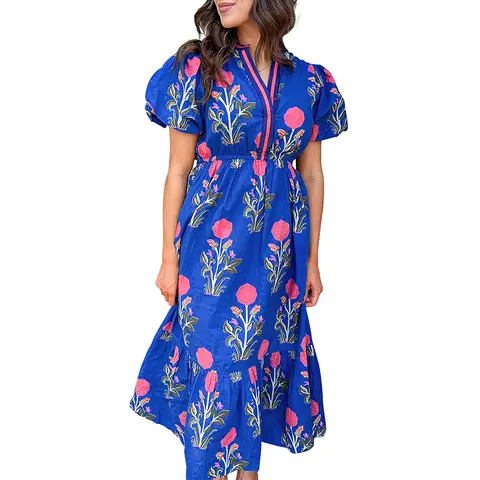 Mntaor Women’s Blue V-Neck Floral Print Dress Flowy Silhouette with Ruffle Sleeves Tie Neck Detail Perfect for Summer Brunch Beach Days Boho-Chic Vacay Vibes Casual Womenswear