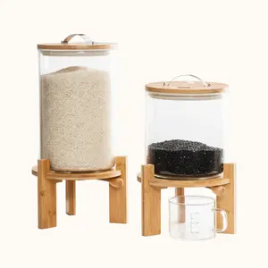 Glass Food Dispenser with Airtight Bamboo Lids & Wooden Stand