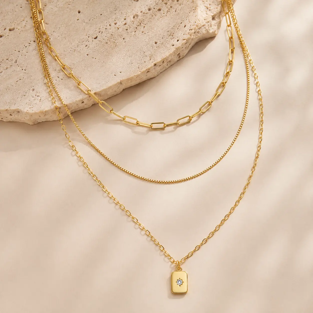 Trendy 3-Piece 14k Gold Plated Necklace Set – Grid, Paperclip & Box Chains with Minimalist Rectangle Pendant Featuring Sparkling Star Zircon – Fashion Jewelry