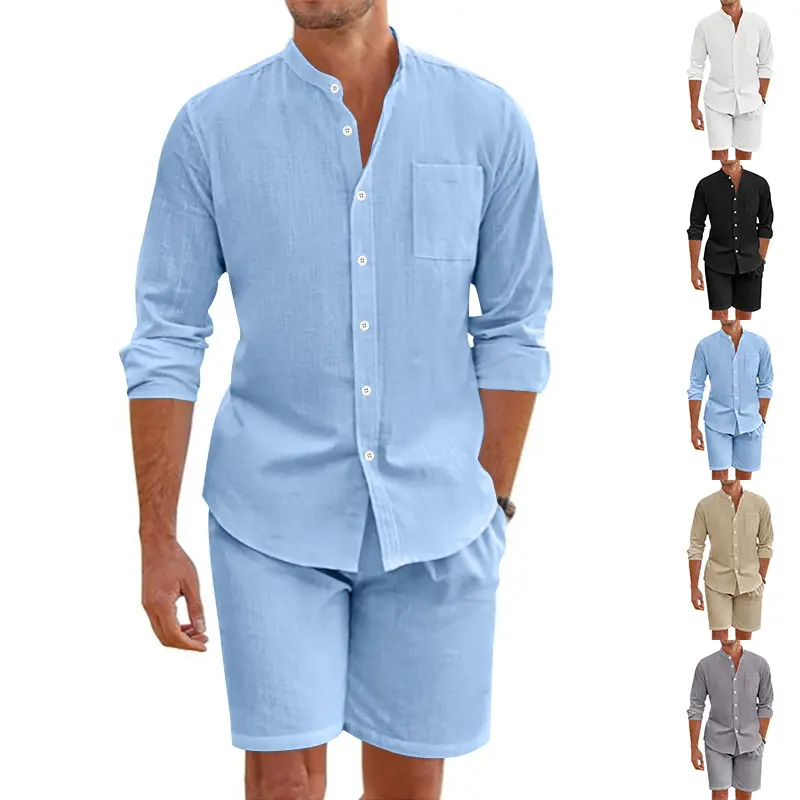 Men’s summer two-piece set: trendy button-up long-sleeve shirt and shorts; stylish casual beach outfit; minimalist seaside vacation men’s two-piece set #SummerVibes