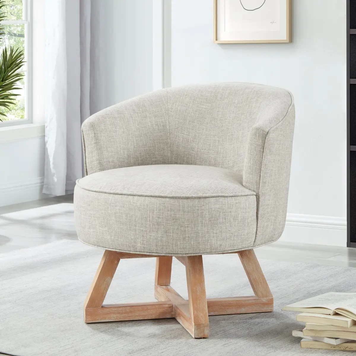 [Fahuac] 360° Adjustable Crafted Swivel Accent Chair - Linen Fabric, Flexible Foam Cushion, Distressed Solid Wood Base, Elevated Home Recliner for Living Room, Office, 360° Adjustable Recliners, Distressed Wood Recliners