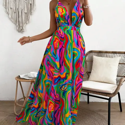 Women's All Over Print Deep V Neck Sleeveless Backless Cami Maxi Dress, Elegant Adjustable Strap Criss Cross A Line Dress for Beach Holiday Vacation, Ladies Summer Sundress Clothes