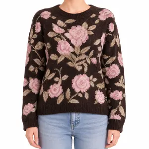 Floral Knit Sweater, Brown Base Pink Rose Pattern
