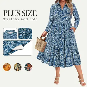 CARCOS Plus Size Dresses for Curvy Women Collared Vneck Long Sleeve Dresses Casual Midi Fall Winter Womenswear Dress with Pocket XL-5XL
