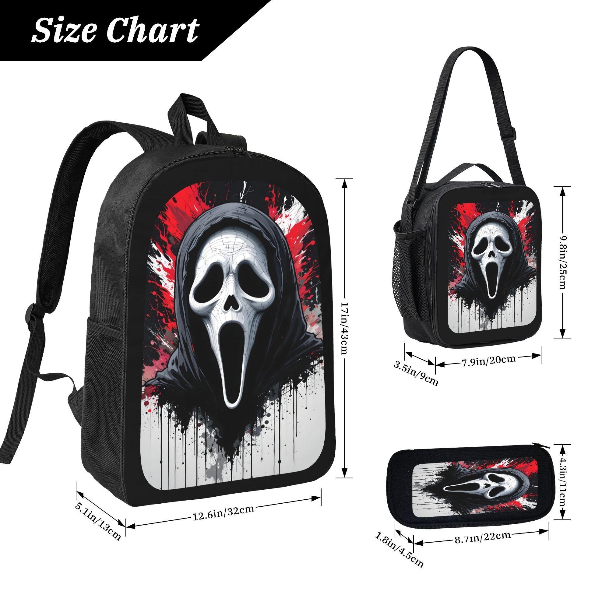 Teens' 3-Piece Scary Look Multi-Set - Comfortable Lightweight Horror Aesthetic Youth Backpack with Lunch Bag, Pencil Case, Laptop Compartment, School Backpacks Teens' 3-Piece Scary Look Multi-Set - Comfortable Lightweight Horror Aesthetic Youth Backpack with Lunch Bag, Pencil Case, Laptop Compartment, School Backpacks