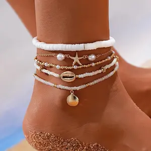 Women's Boho Shell Anklet Set - Adjustable Double-Strand Layered Gold-Toned Gold Metallic Assorted Charm Anklets with Starfish Charms, Summer Jewelry for Vacation & Everyday Fashion, Assorted Anklets, Charm Anklet Anklets