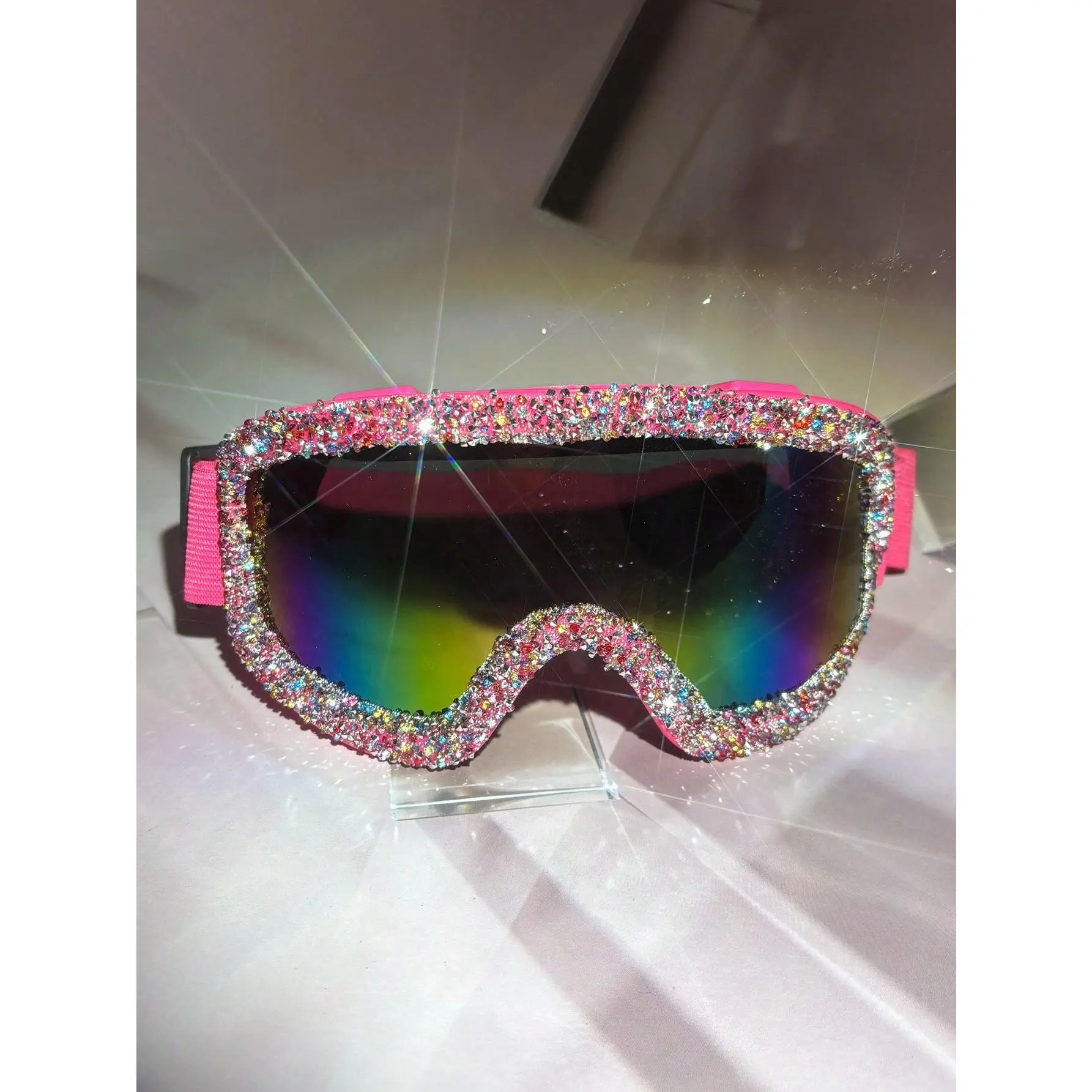 Women's Rhinestone-Decorated Full-Coverage Soft Ski Goggles - 1pc Waterproof Lightweight Silicone Fashion Accessories, Blush Pink Sunglasses Light Mask with Caizuan Toutao Box