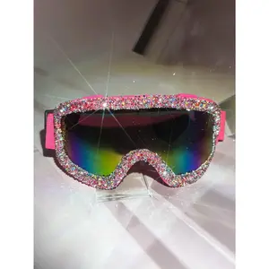 1pc Rhinestone-Decorated  Full-Coverage Women's Fashion Protective Soft Ski Goggles, rich girl sunglasses Light Masks Silicone Lightweight Water Proof Rose Pink-Caizuan-Toutao-Box