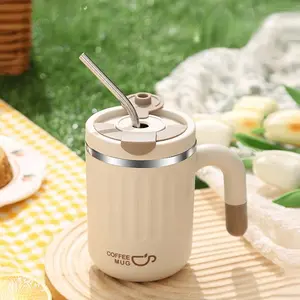 Charming Coffee Mug, 1 Piece Heat Resistant Stainless Steel 480ml Capacity Direct-drinking Open Mouth Design Coffee Cup with A Stainless Steel Straw, Combining Both Aesthetic Appeal and Practicality Coffee Mug, Coffee Cup