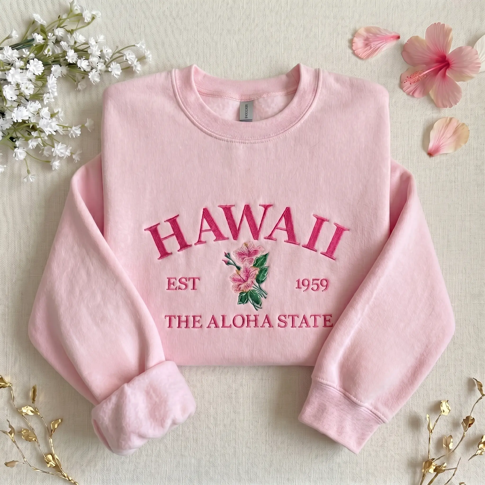 [MADE IN US] Cute Hawaii Aloha State Pink Embroidered Sweatshirt, Tropical Hibiscus Embroidery Sweatshirt, Preppy Beach Vacation Summer Crewneck Apparel (Tone On Tone)