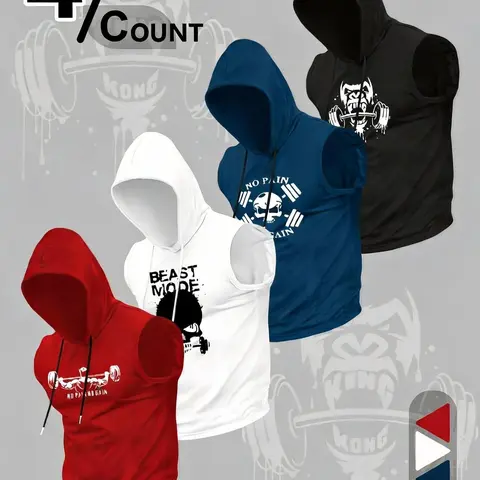 Men's Summer Workout Hoodie Set, Casual Fitted Sleeveless Hooded Tops, Multi-Color Training Tank Tops, Fitness Streetwear