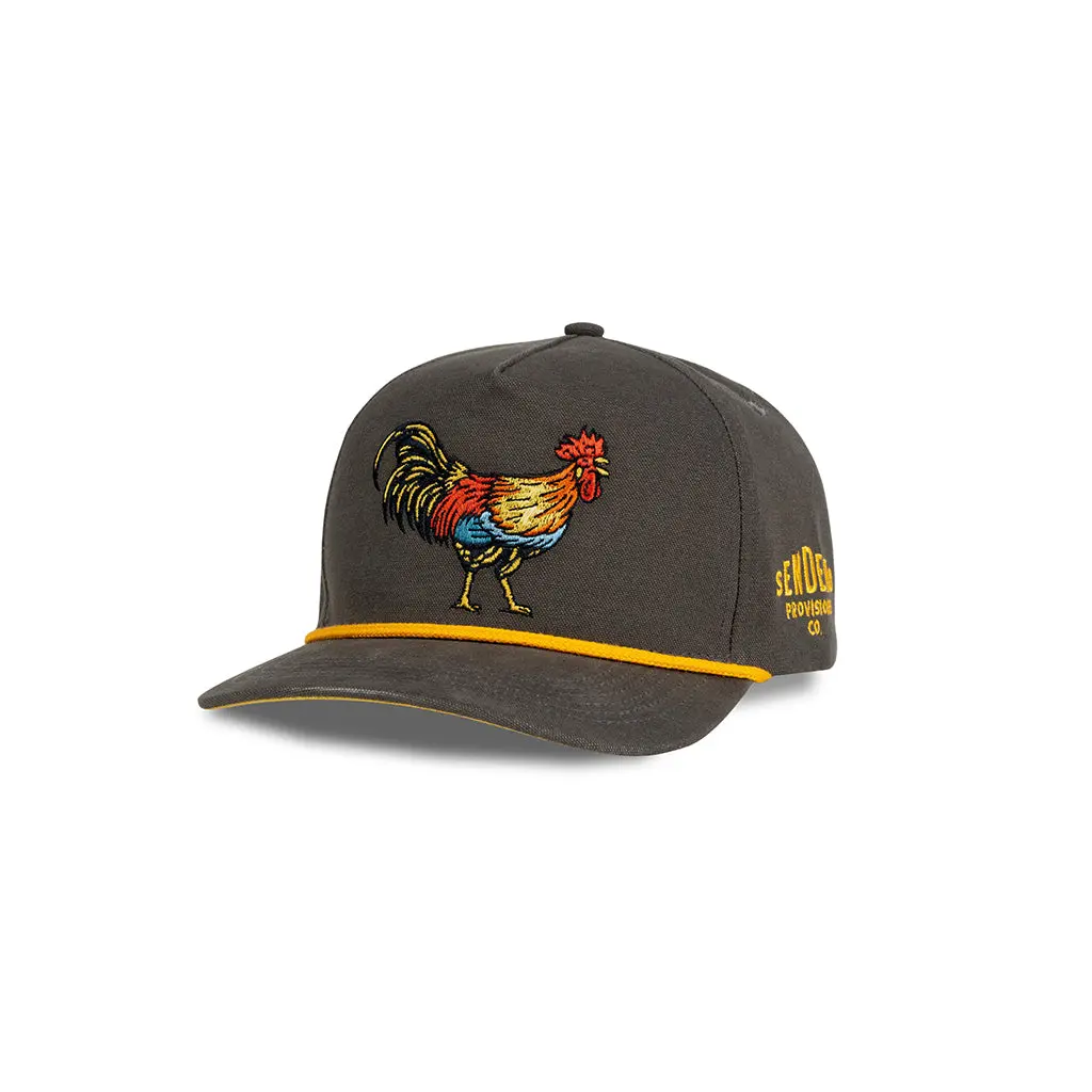 Sendero Provisions Co. Yardbird Rooster Structured 5-Panel Trucker Hat - Charcoal Brushed Canvas with Ventilated Mesh, Adjustable Rope Snapback, Ventilation, One Size Fits Most