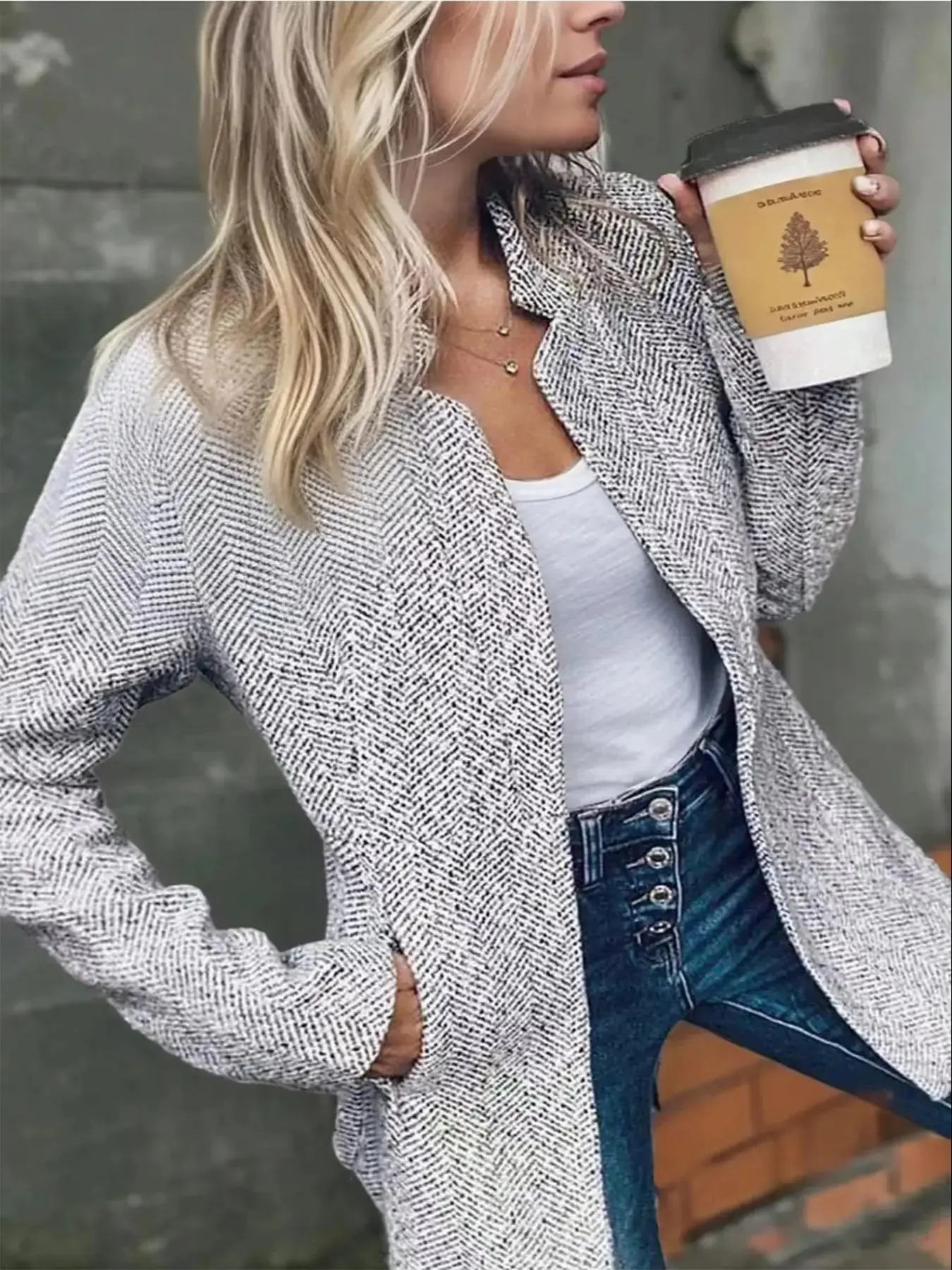 Women's Basic Solid Color Pocket Long Sleeve Open Front Fitted Coat Fabric, Casual Minimalist Longline Outerwear for Fall & Winter, Ladies Clothes for Daily Wear, Everyday, Womenswear Clothing for Women