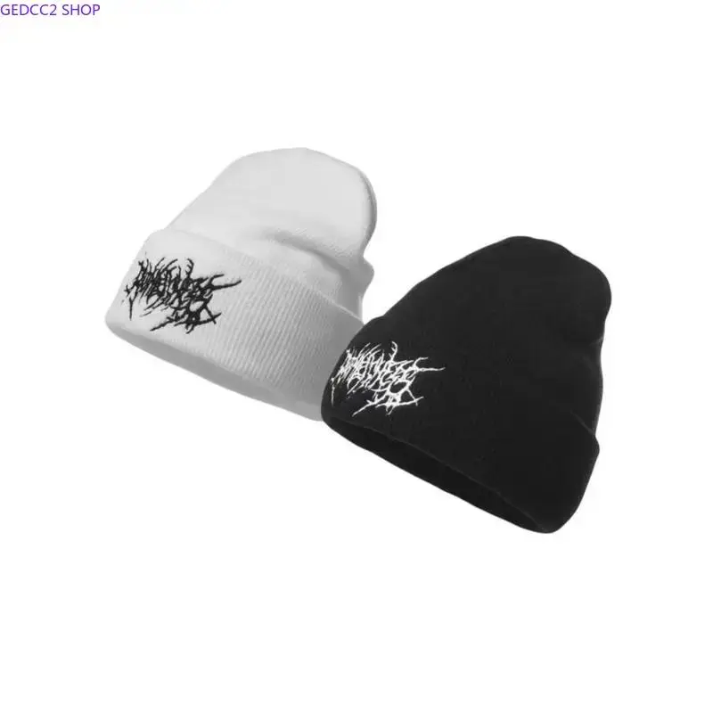 Unisex Solid Color Embroidered Gothic Street Punk Knit Beanie - Warm Ski Cap with Knit Fabric & Streetwear Style, Adjustable Skull Design, Soft Acrylic Cold Weather Headwear for Autumn & Winter, Couple-Friendly, Clothes, Skull Cap