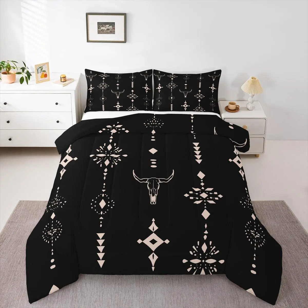 Feelyou Western Pattern Bedding Set - Southwestern Rustic All-Season Bedspread, Quilt Bedding Set with Longhorn Skull, Boho Aztec Abstract Geometric Design, Black Duvet Insert, Bedspread Set