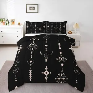 Feelyou Western Comforter Set - Southwestern Rustic Bedroom Bedding Set, Longhorn Skull, Boho Aztec Abstract Geometric Design, Black Duvet Insert