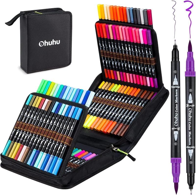 Ohuhu Maui 100-Color Brush Pens Dual Brush Fine Tip Drawing Pens Water-Based Coloring Markers for Calligraphy Bullet Journal with Carrying Case -Maui