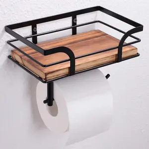 Rustic Farmhouse Toilet Paper Holder with Shelf - Farmhouse Bathroom Rustic Country Decor - Rustic Bathroom Accessories with Warm Brown Wood Shelf for Wipes&Cell Phone&Reading, Black Metal