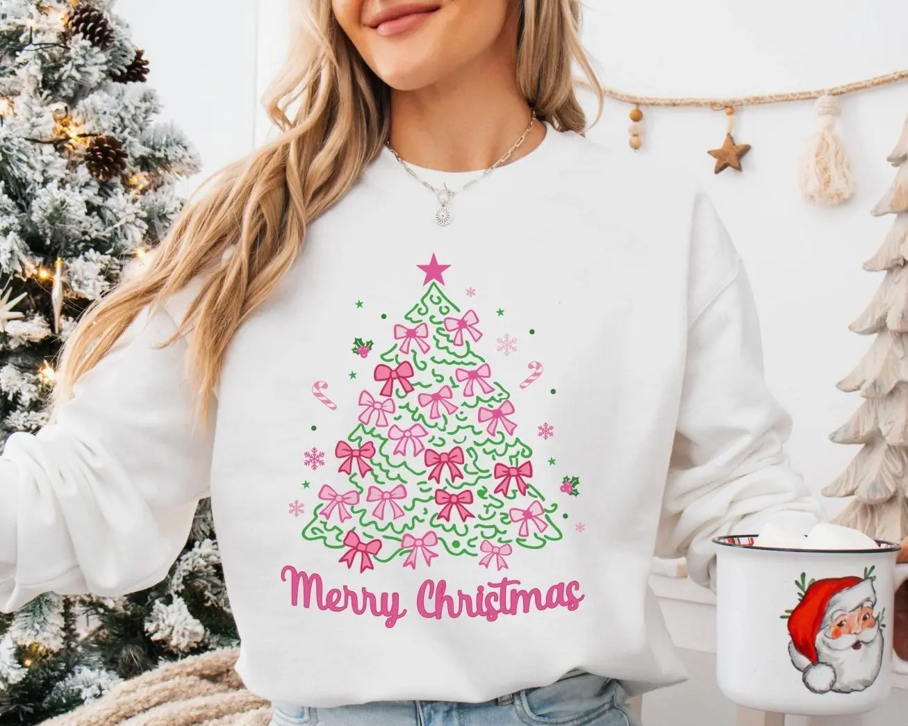 Christmas Pink Bow Sweatshirt, Coquette Pink Christmas Tree Sweater, Cute Girls Holiday Crewneck, Preppy Xmas Season Pullover, Trendy Pink Christmas Aesthetic Apparel, Cute Coquette Bow Graphic Jumper, Holiday Gift for Women & Girls