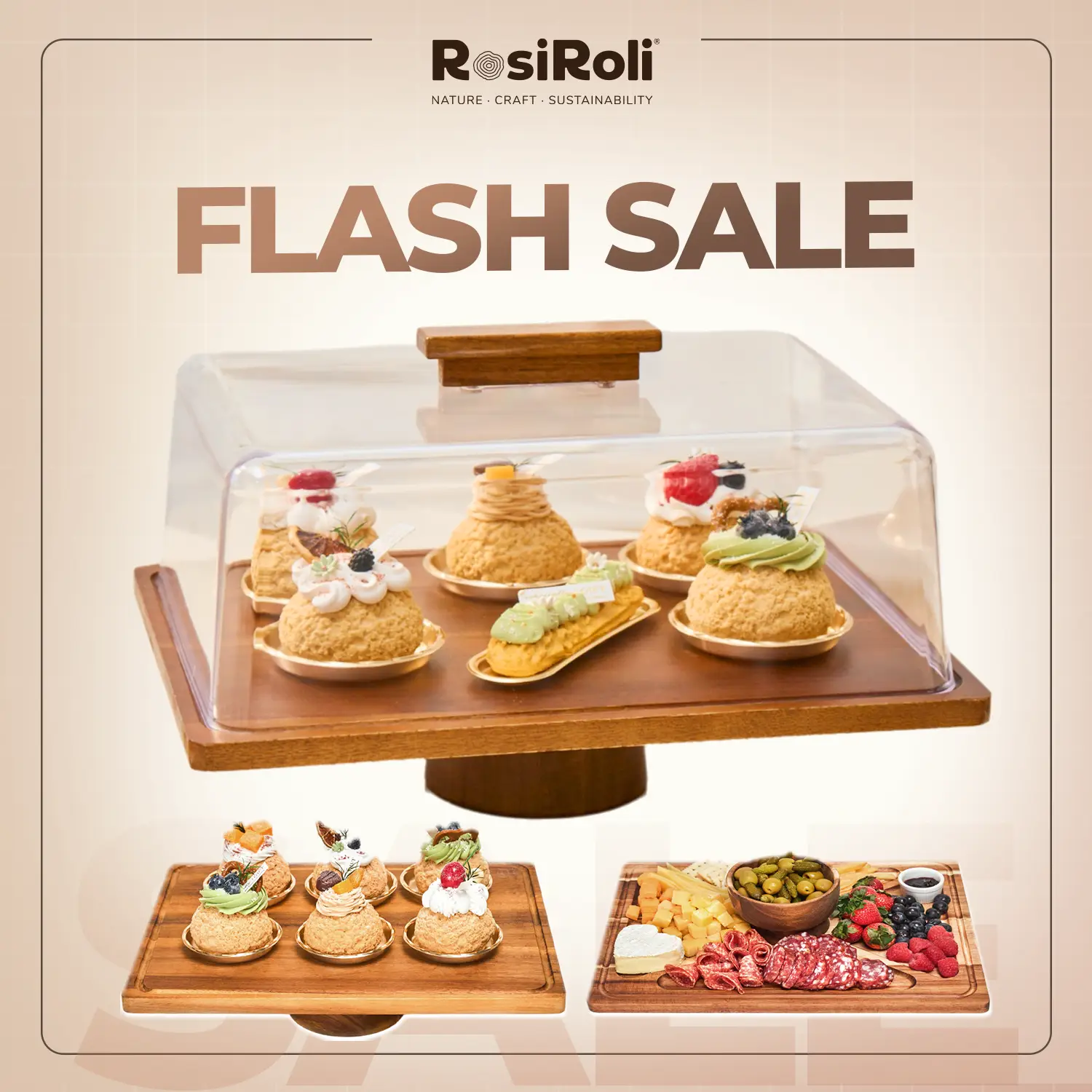 Acacia Wood Cake Stand 2in1 with Plastic Lid & Bowl-Square Cake Display Stand for Dessert/Fruit/Cheese/Chips/Donut-Organiser