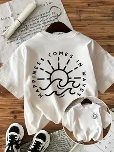 Simple Style Short Sleeve Round Neck T-Shirt, Double-Sided Printed Sunday Club Pattern, Knit Fabric, Fitted Fit, All Seasons, Casual Style, Stylish