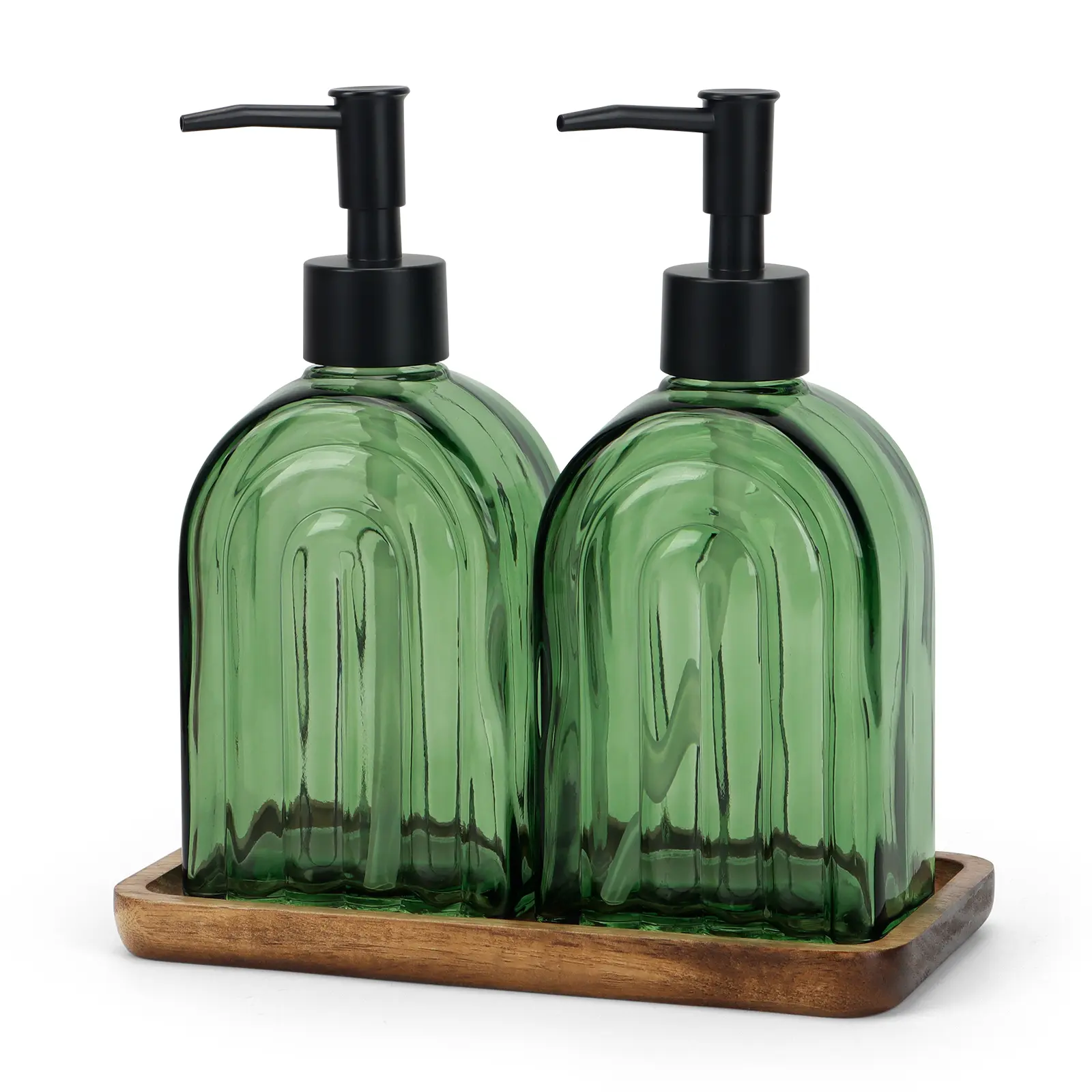 2Pack Elegant Green Glass Soap Dispenser with Wood Tray, 13OZ/400ML Liquid Hand Soap Dispenser,Modern Bathroom & Kitchen Soap Dispenser for Hand Soaps,Lotions,Essential Oils