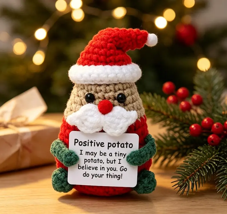 Crochet Christmas Positive Potato Doll - Amigurumi Emotional Support Toy, Encouragement Holiday Gift (DIY Knitting Crochet Yarn Craft Item)