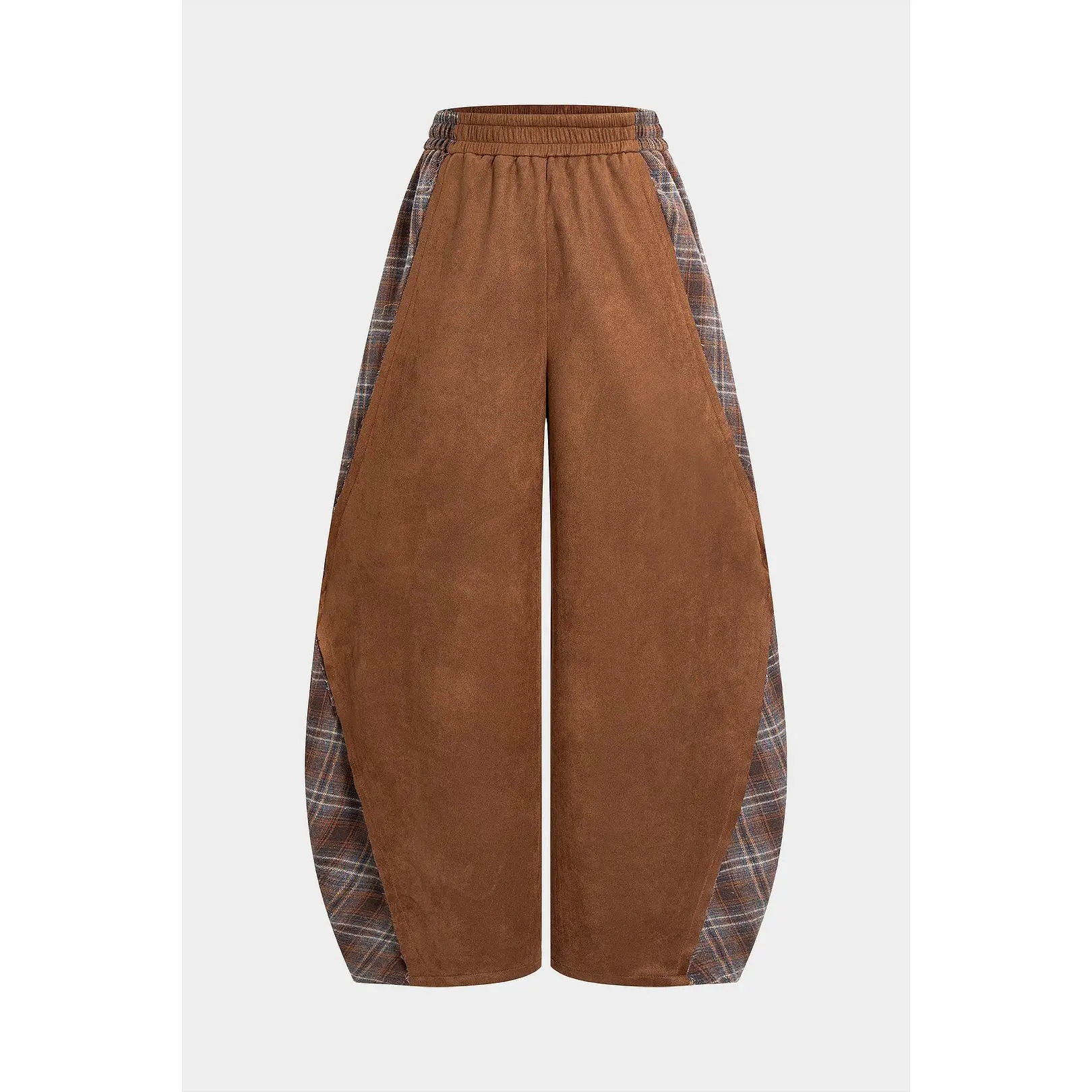 Plaid Suede Patchwork Pants for Women, Casual Loose Fit Bottoms with a Shirred Waistband for Daily Life, Bottom, Fabric, Casual Wear, Patchwork Plaid, Trouser