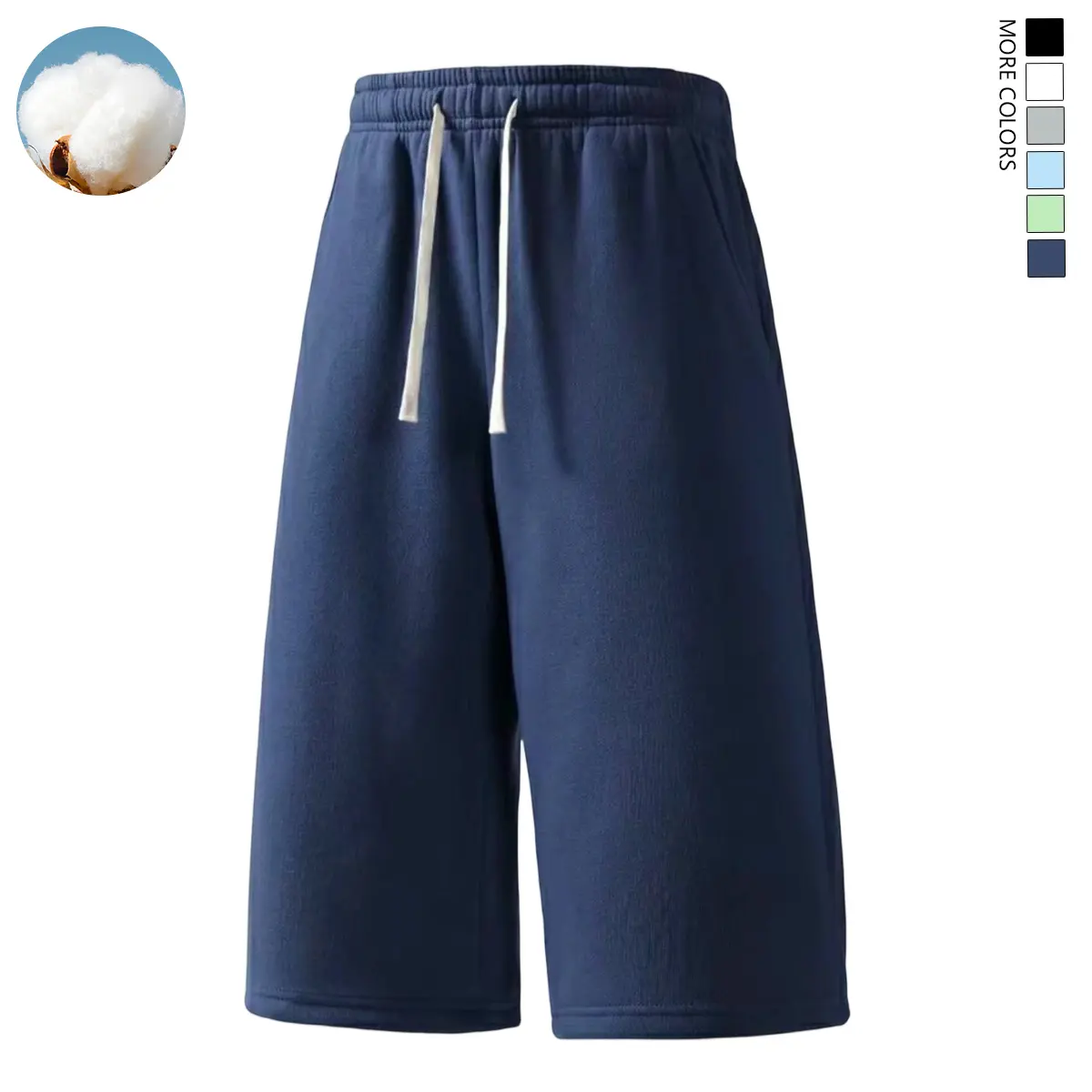 Unisex casual drawstring-waist shorts made from a cotton–polyester blend; suitable for various occasions; soft, comfortable fabric; athletic shorts ideal for all seasons; summer vibes; men’s bottoms; shorts. Plain loose fit three-quarter length