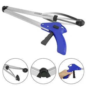 Trash picker, aluminum alloy folding trash clip, reach-and-retrieve tool, extendable arm, used to pick up garden leaves and other trash (blue handle).