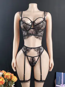Romantic Midnight Floral Embroidered Lace Lingerie Set, Steel Ring Thong Garter Belt Leg Rings, Comfortable Women's Underwear