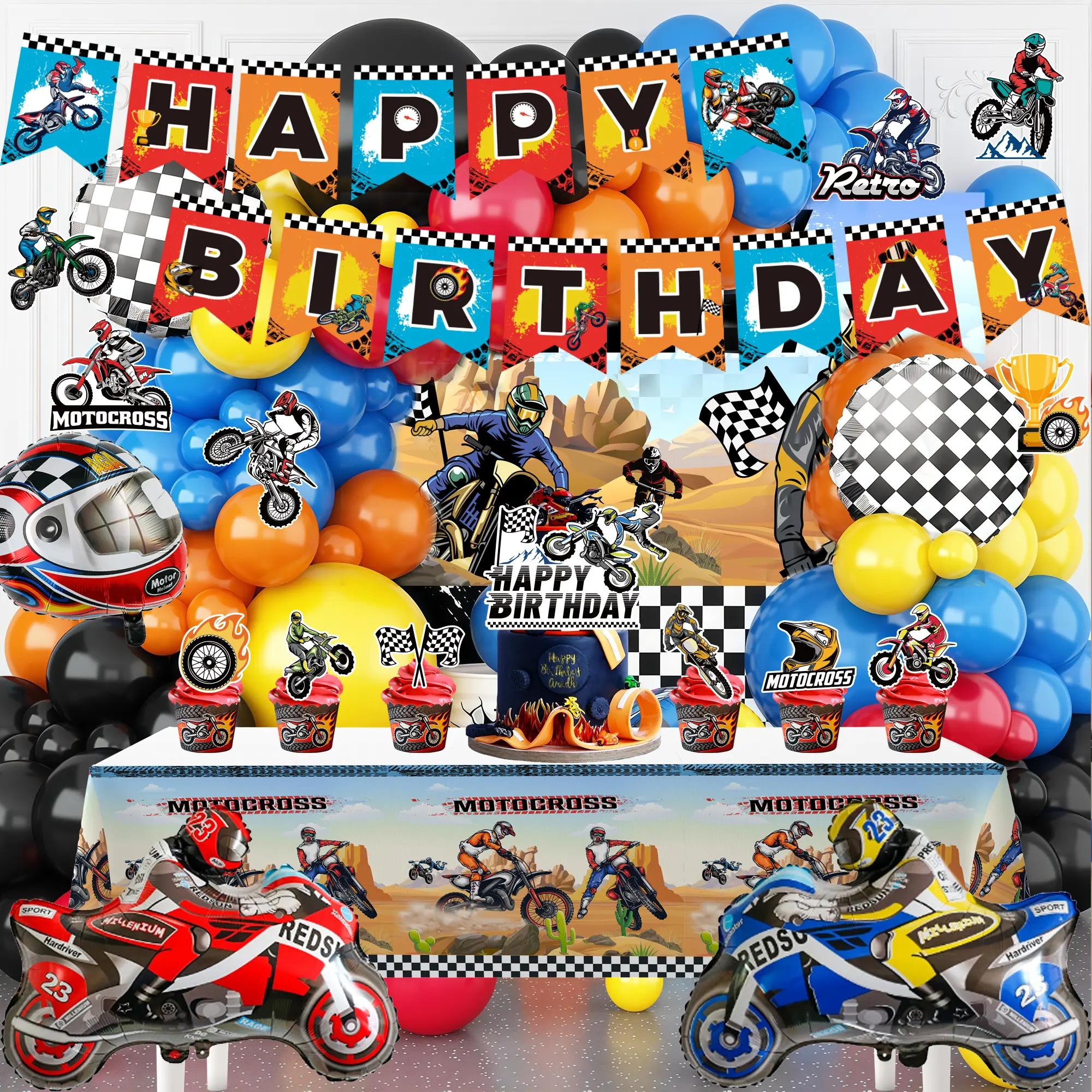 Kids' 102-Piece Motorcycle Biker Party Decorations Set - Motocross Balloons + Props for Happy Birthday, Adventure Vibe Supplies, Includes Dirt Bike Backdrop, Balloon Banner, Cake Topper, 6 Swirls (Outdoors Use), Birthday Ideas