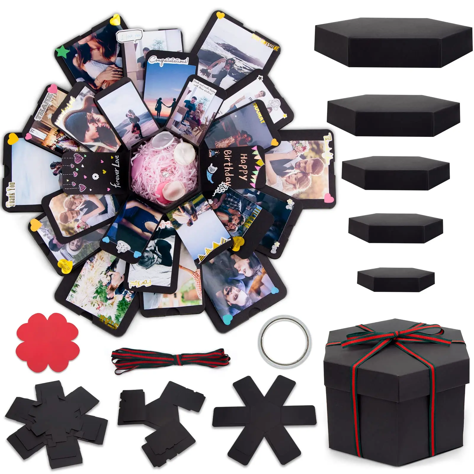 Eco-Friendly Preassembled Handmade Explosion Box Photo Album Gift Box - 4.8x3.59in & 17x17in Black Cardboard, Easy to Assemble DIY Scrapbook with Accessories for Boyfriend, Christmas (Creates Unforgettable Memories)
