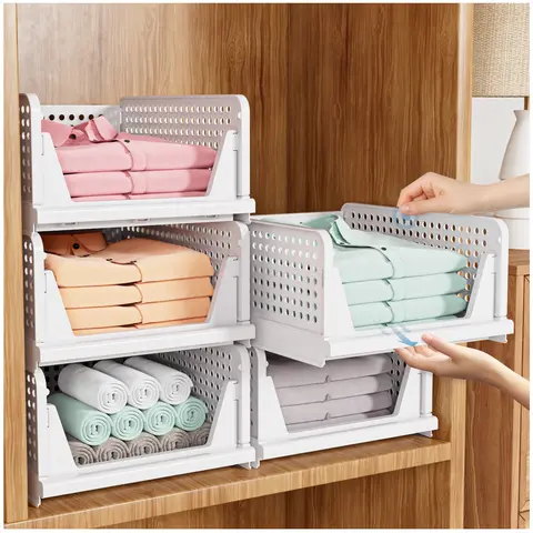 7CODE 10-Pack Foldable Plastic Stackable Bins - Closet Organizer Baskets for Storage Organization, Clothes, Bathroom; Basket Storage Solutions for Drawers, Kitchen Pantry