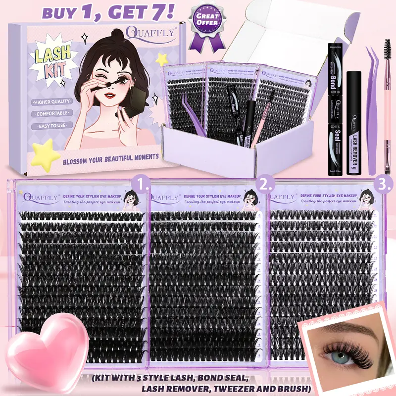 Cluster Lashes Kit (40+60+80D-KIT) - 840Pcs 10-18mm D Curl, Bond & Seal, Remover, Tweezers, Double-Ended Brush for DIY At Home, Cosmetics Makeup Tools, Eye Makeup Accessories with Custom Lengths