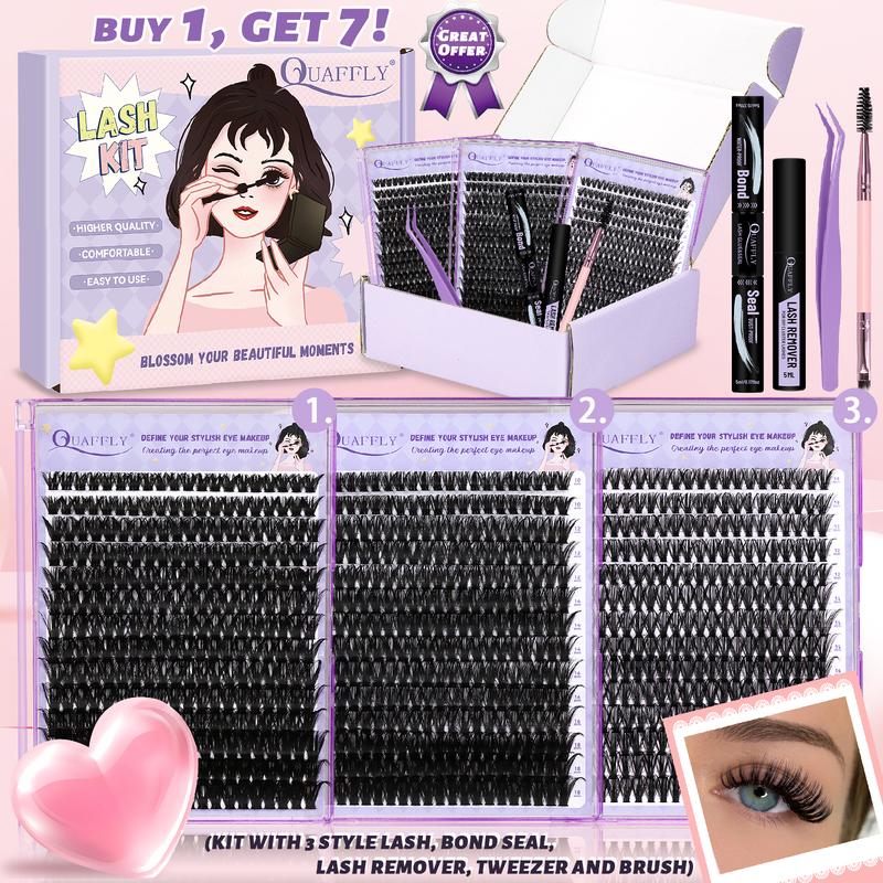 Lash Clusters Kit 840Pcs 10-18mm D Curl Lashes Clusters with Lash Bond&Seal Lash Remover Tweezers Double-Ended Brush DIY At Home(40+60+80D-KIT)