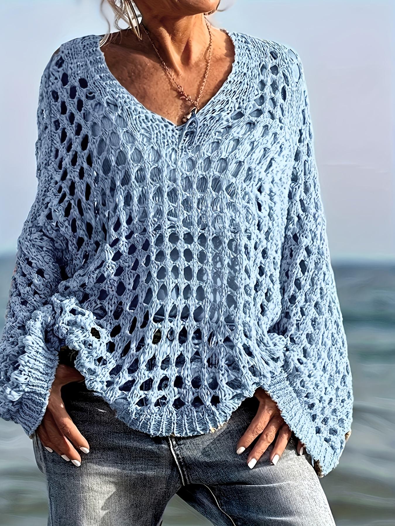 Womens Crochet Knit Sweater Y2K Long Sleeve Hollow Out Pullover Top Beach Cover Up Loose Fit Fishnet Shirt