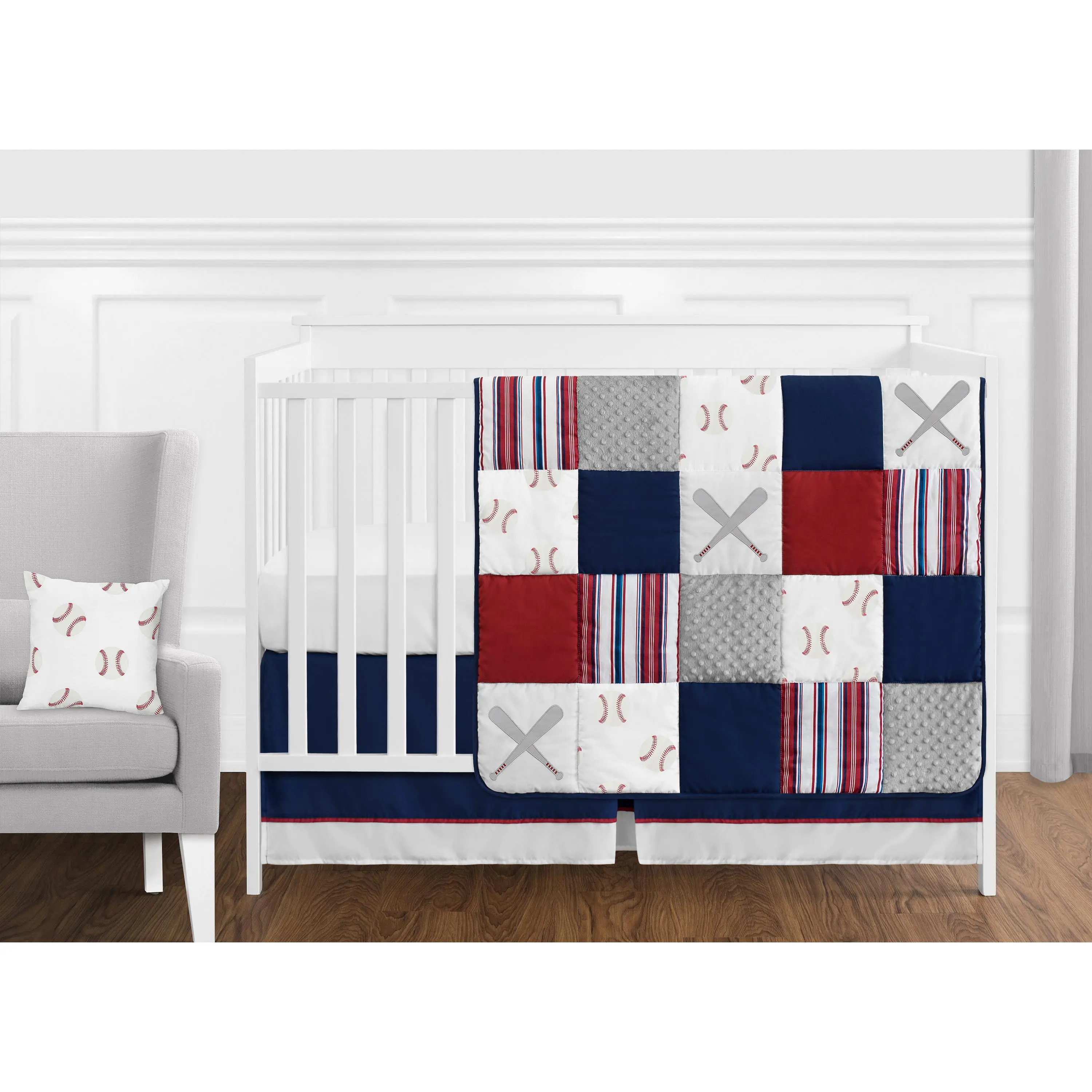 Sweet Jojo Designs 11-Piece Baby Crib Bedding Set (Baseball Patch Sports) for Boys, Infants/Nursery incl. Blanket, Fitted Sheet, Skirt, Diaper Stacker & Pillow (Red White & Blue, Americana, Patchwork)
